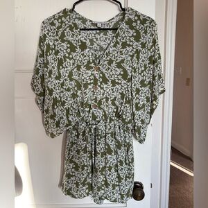 Love Moss Green & White Floral Button-Front Romper